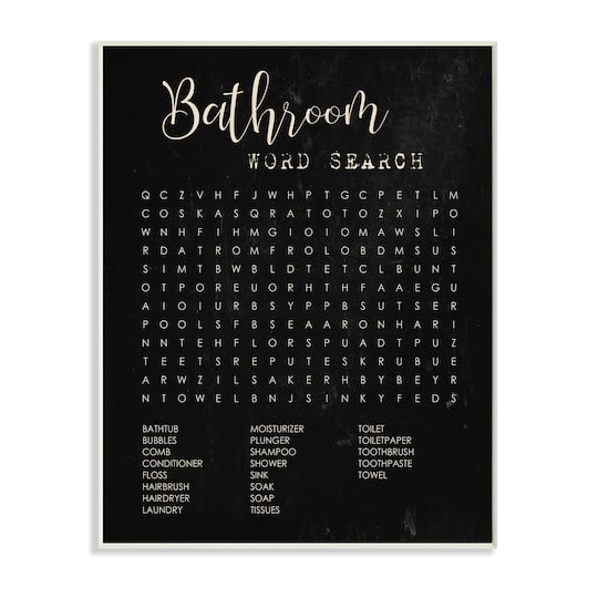 Stupell Industries Bathroom Word Search Activity over Distressed Black Wood Wall Plaque